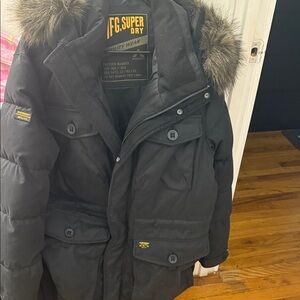Superdry Men's Black Puffer Coat with Fur Hood